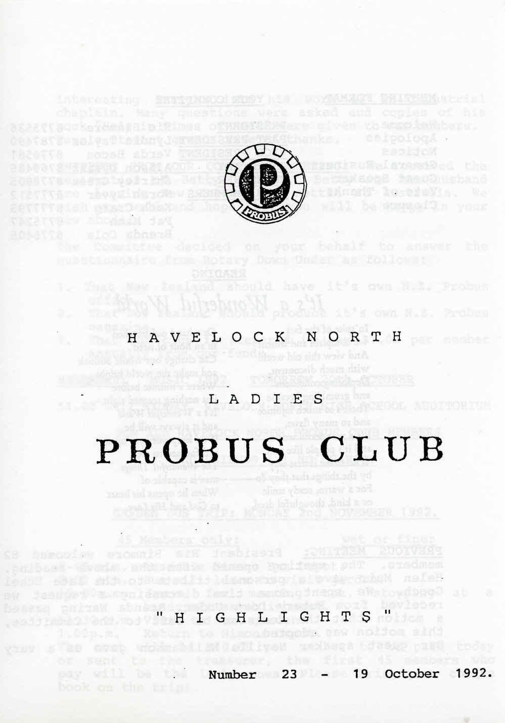 Ladies Probus Club of Havelock North "Highlights" Number 23. 19 October 1992