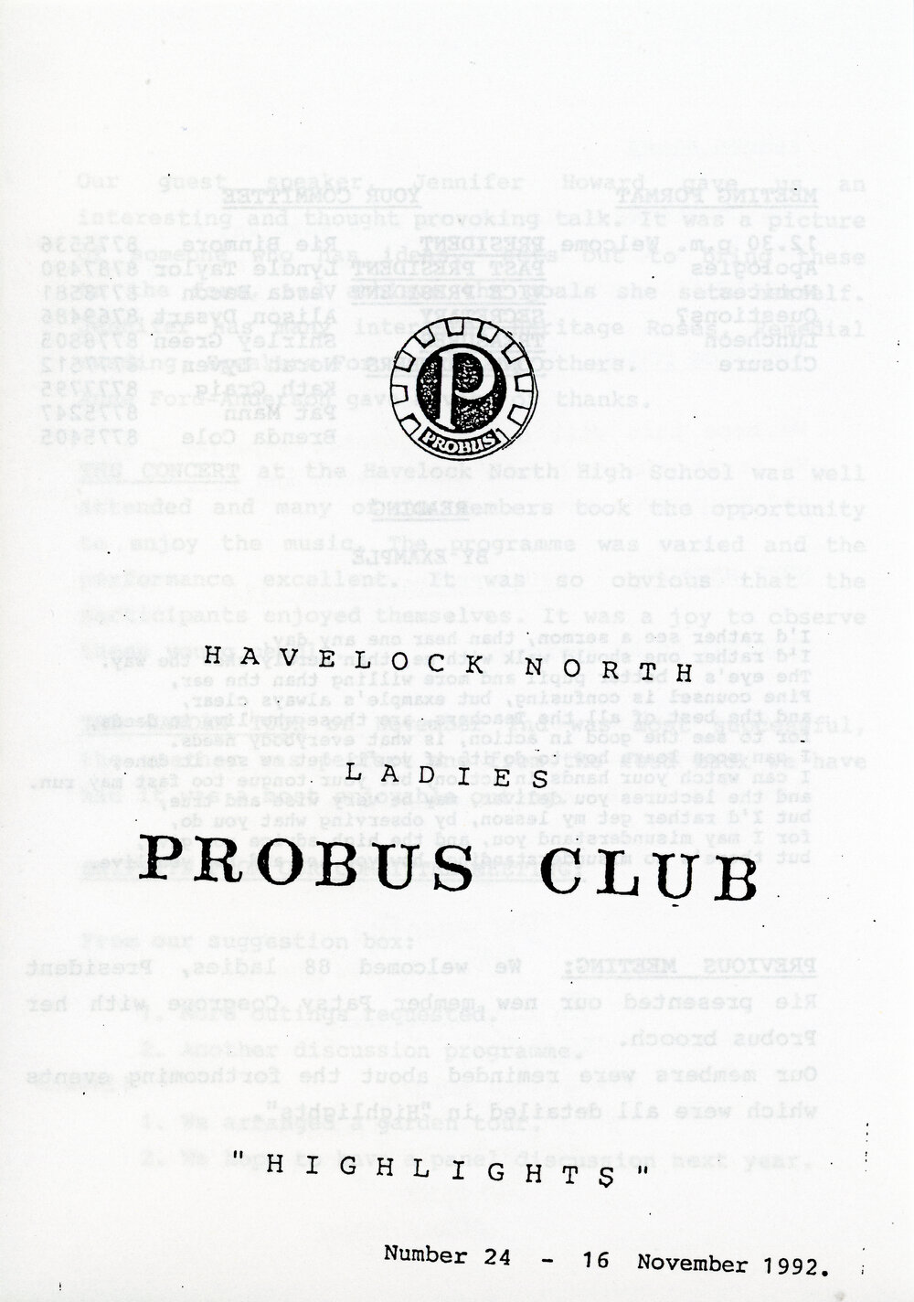 Ladies Probus Club of Havelock North "Highlights" Number 24. 16 November 1992