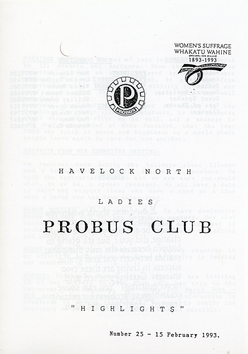 Ladies Probus Club of Havelock North "Highlights" Number 25. 15 February 1993