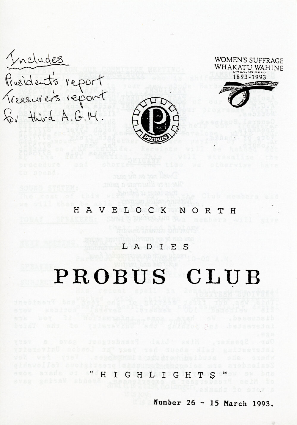 Ladies Probus Club of Havelock North "Highlights" Number 26. 15 March 1993