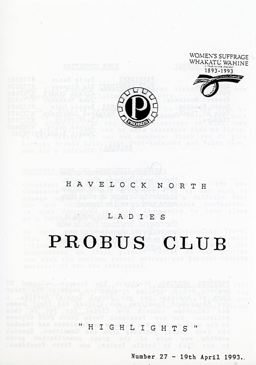 Ladies Probus Club of Havelock North "Highlights" Number 27. 19 April 1993