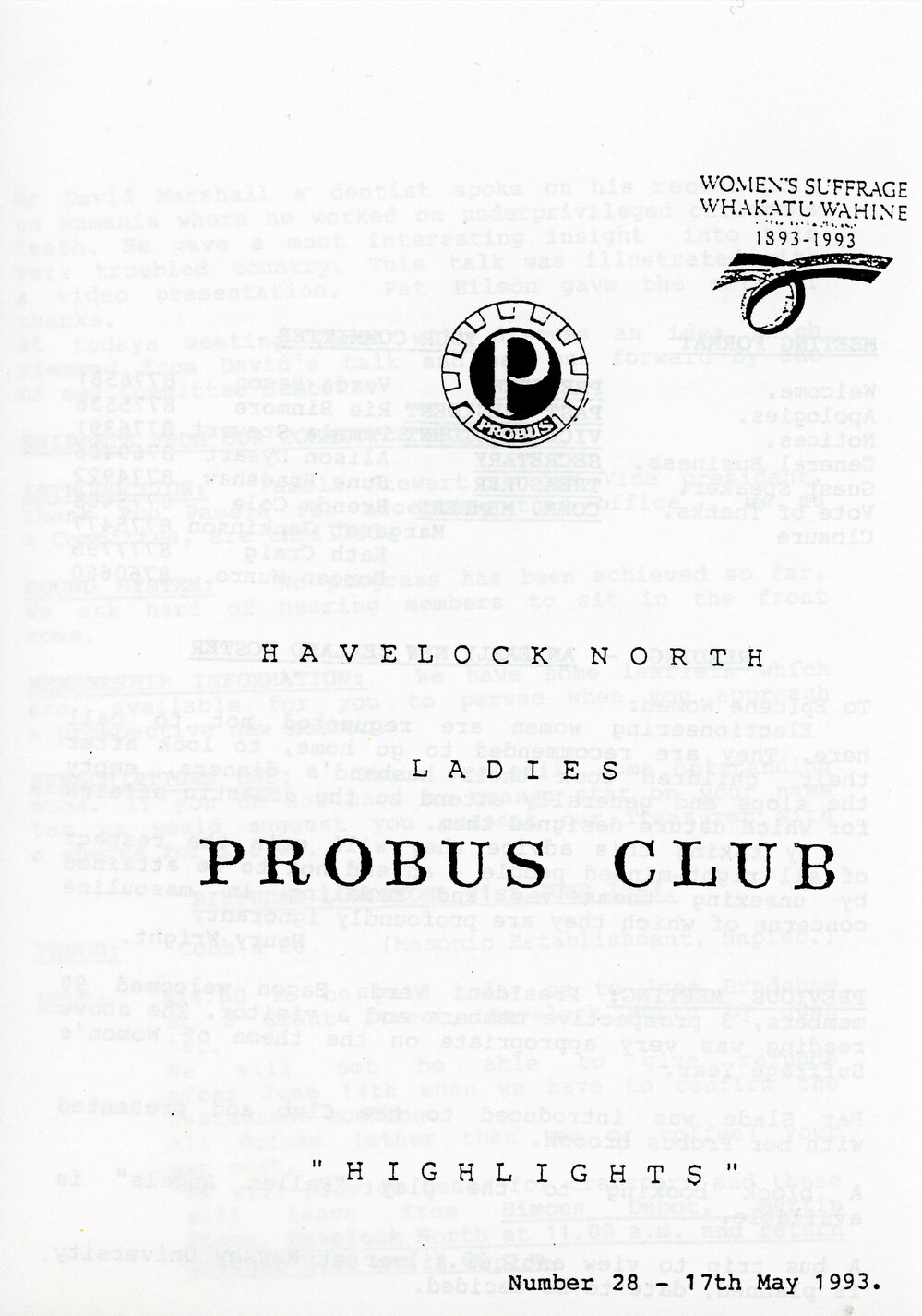 Ladies Probus Club of Havelock North "Highlights" Number 28. 17 May 1993