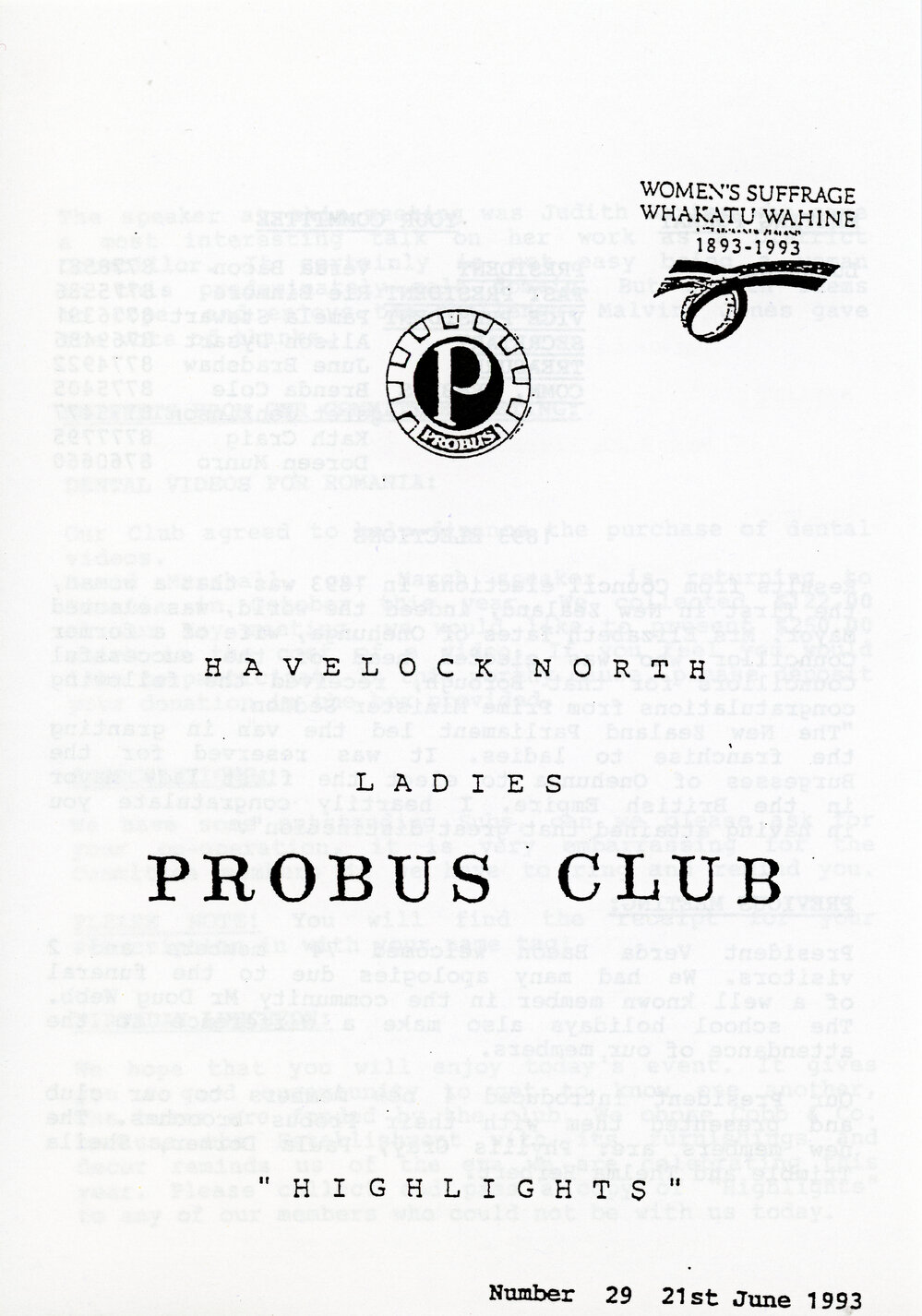 Ladies Probus Club of Havelock North "Highlights" Number 29. 21 June 1993
