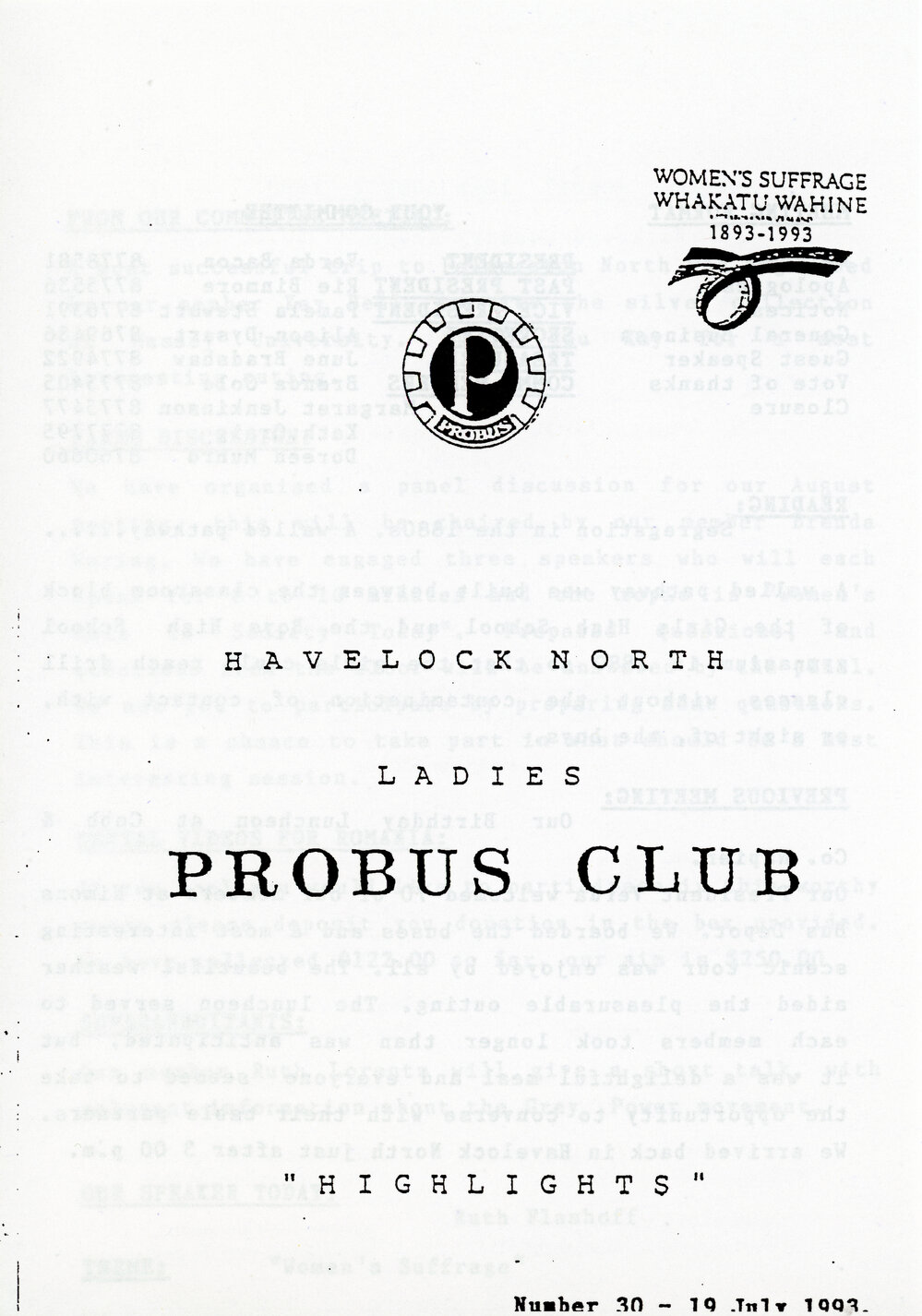 Ladies Probus Club of Havelock North "Highlights" Number 30. 19 July 1993