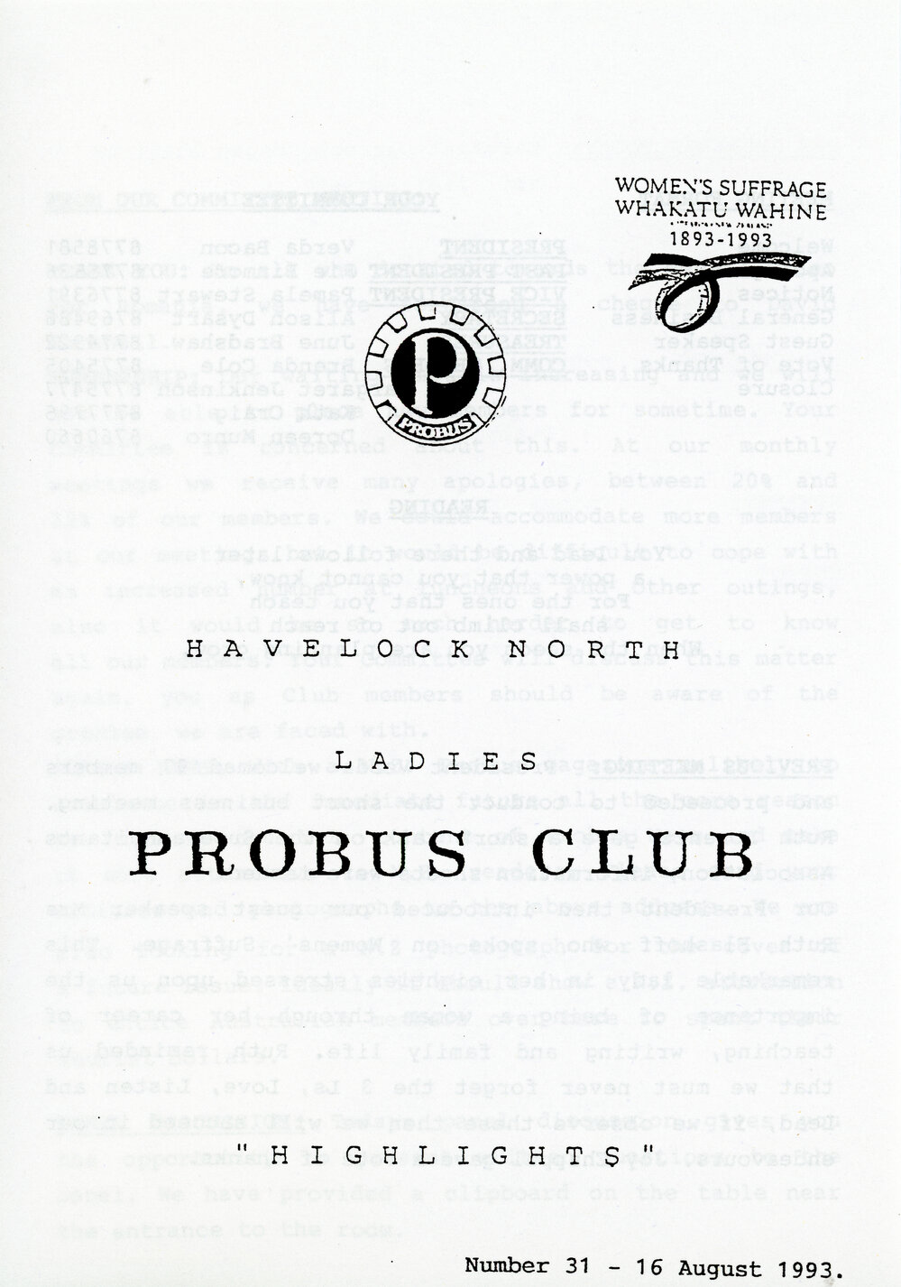 Ladies Probus Club of Havelock North "Highlights" Number 31. 16 August 1993