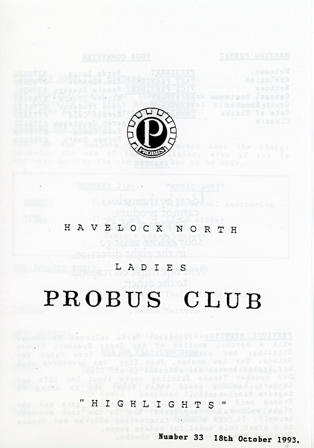 Ladies Probus Club of Havelock North "Highlights" Number 33. 20 October 1993
