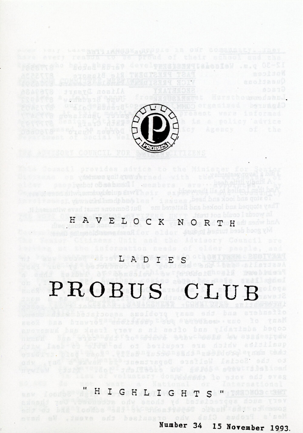 Ladies Probus Club of Havelock North "Highlights" Number 34. 15 November 1993