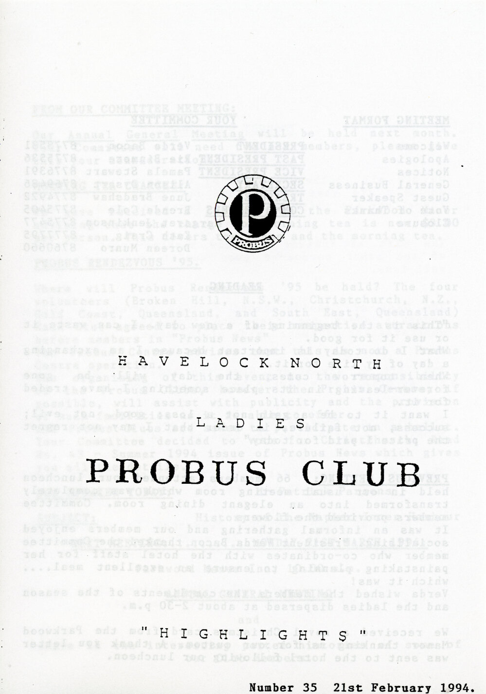 Ladies Probus Club of Havelock North "Highlights" Number 35. 21 February 1994.