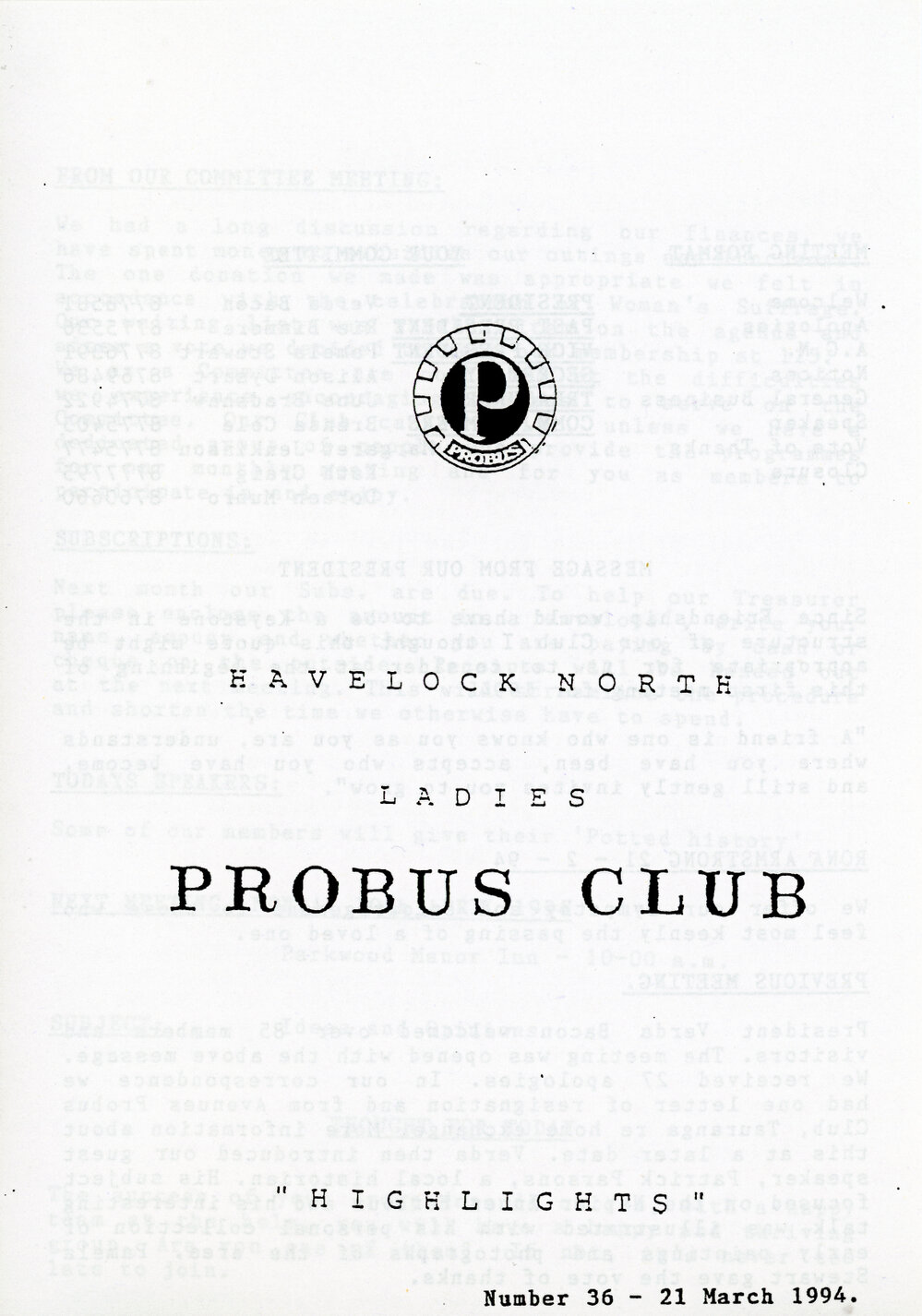 Ladies Probus Club of Havelock North "Highlights" Number 36. 21 March 1994