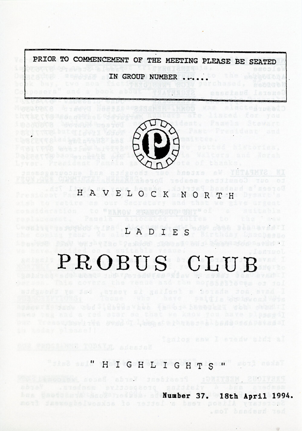 Ladies Probus Club of Havelock North "Highlights" Number 37. 18 April 1994
