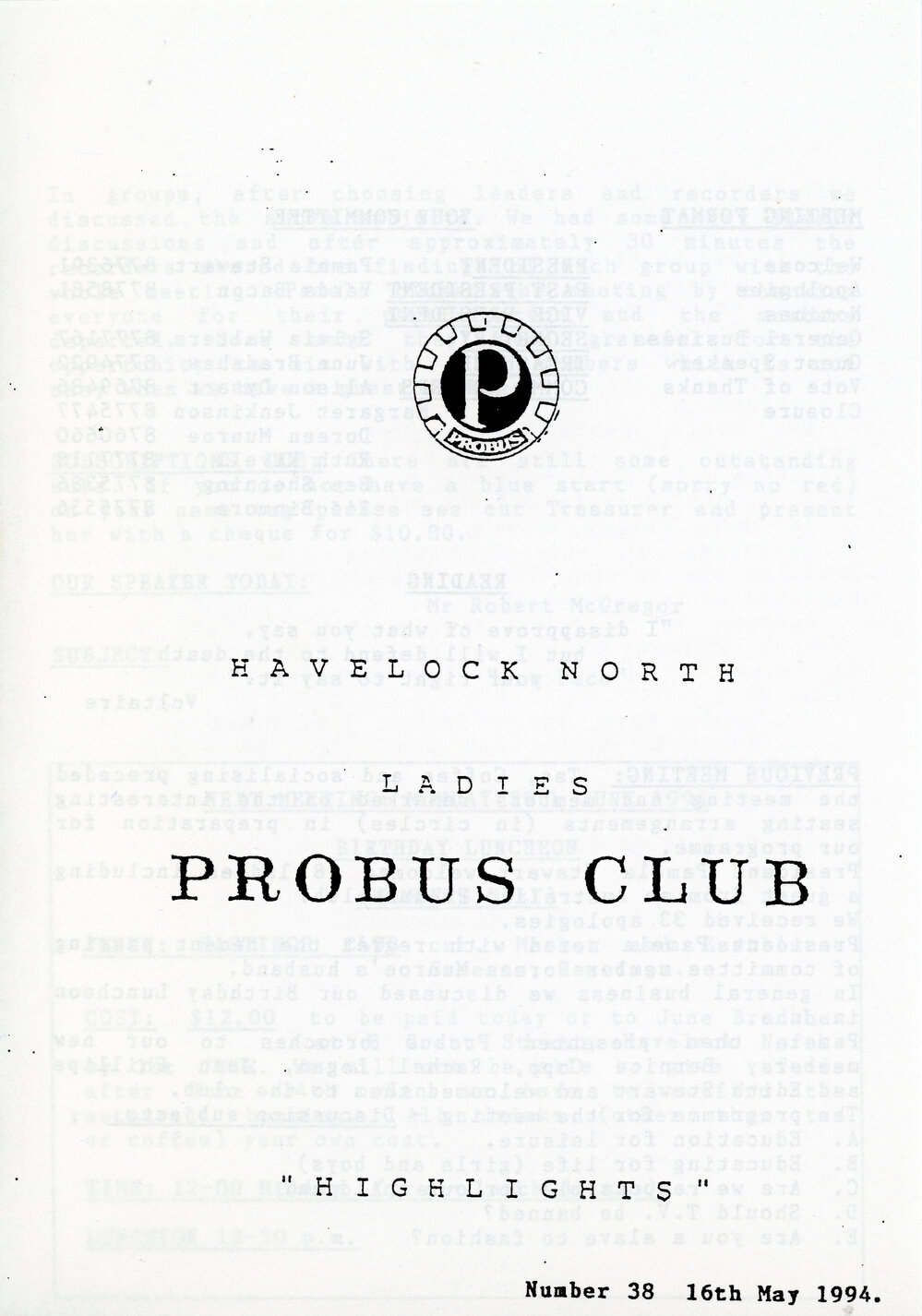 Ladies Probus Club of Havelock North "Highlights" Number 38. 16 May 1994