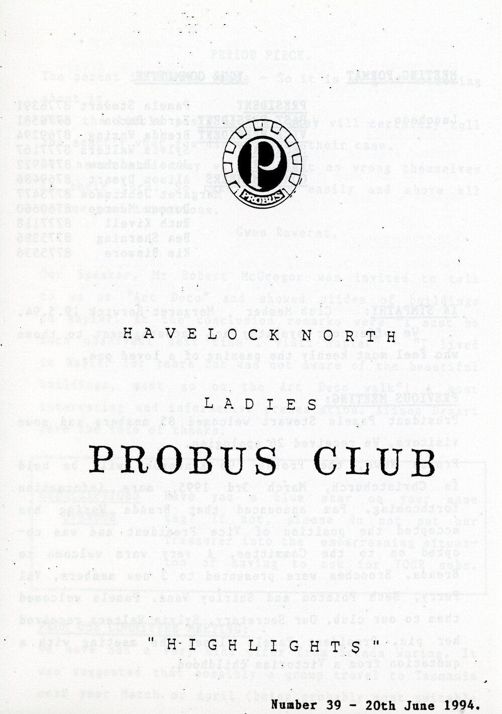 Ladies Probus Club of Havelock North "Highlights" Number 39. 20 June 1994