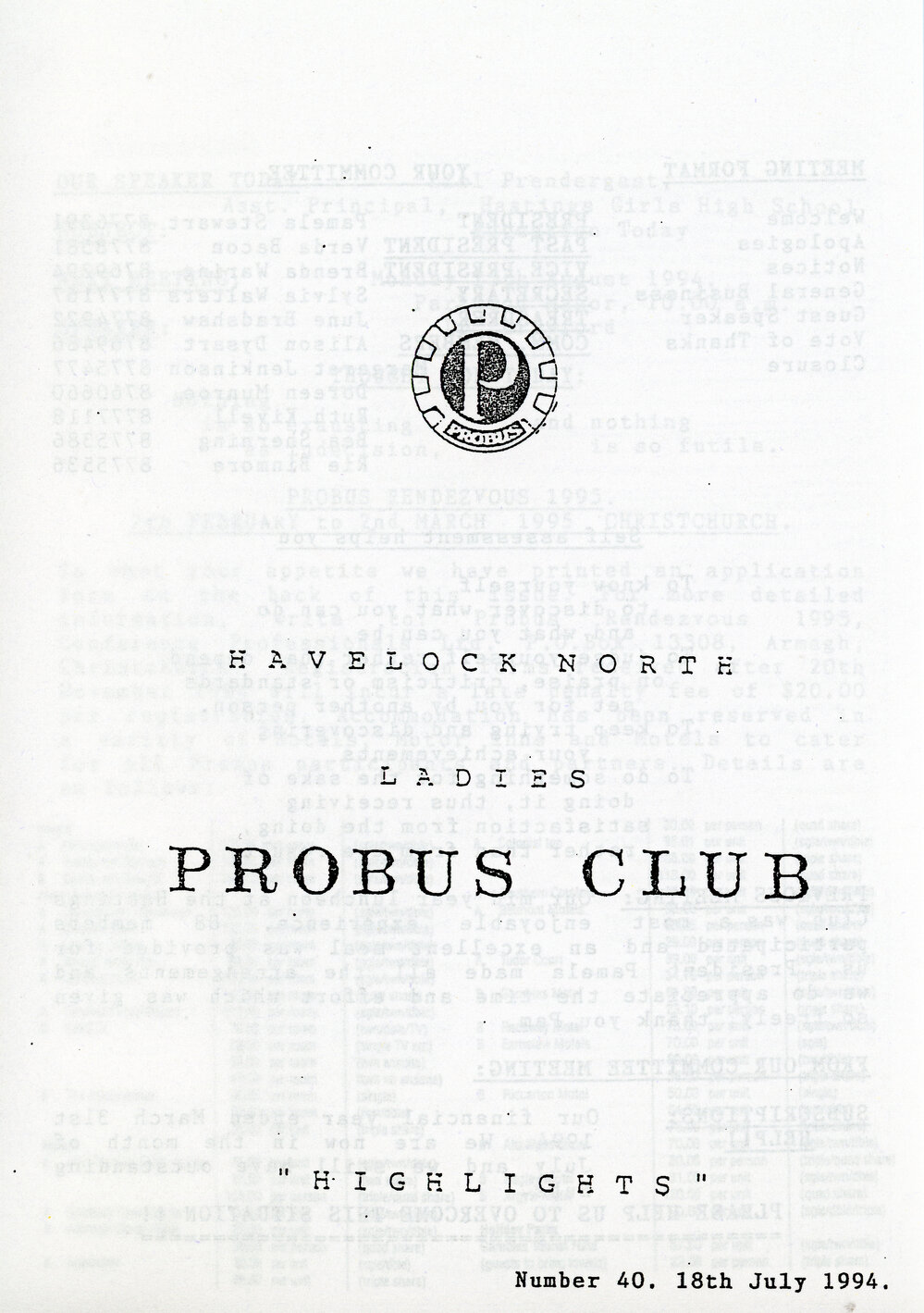 Ladies Probus Club of Havelock North "Highlights" Number 40. 18 July 1994