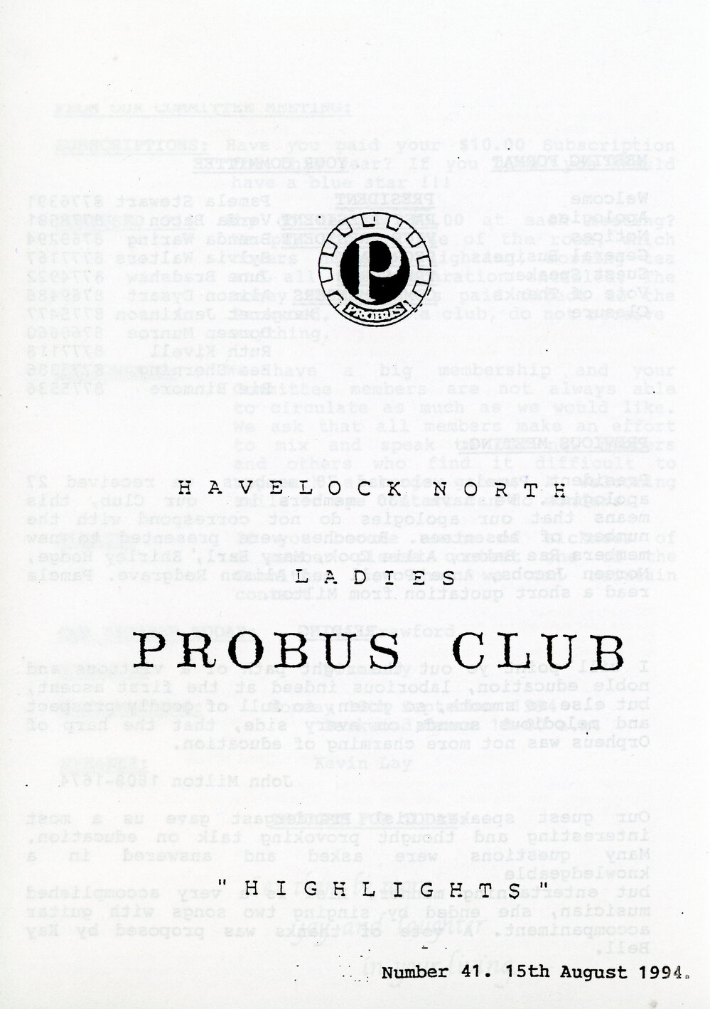 Ladies Probus Club of Havelock North "Highlights" Number 41. 15 August 1994
