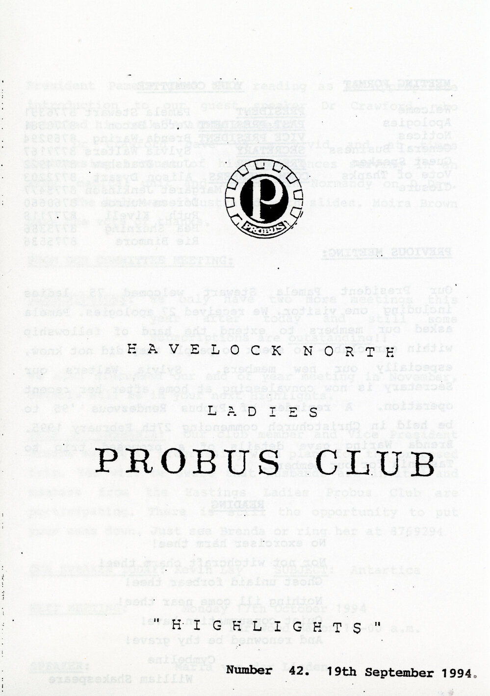Ladies Probus Club of Havelock North "Highlights" Number 42. 19 September 1994