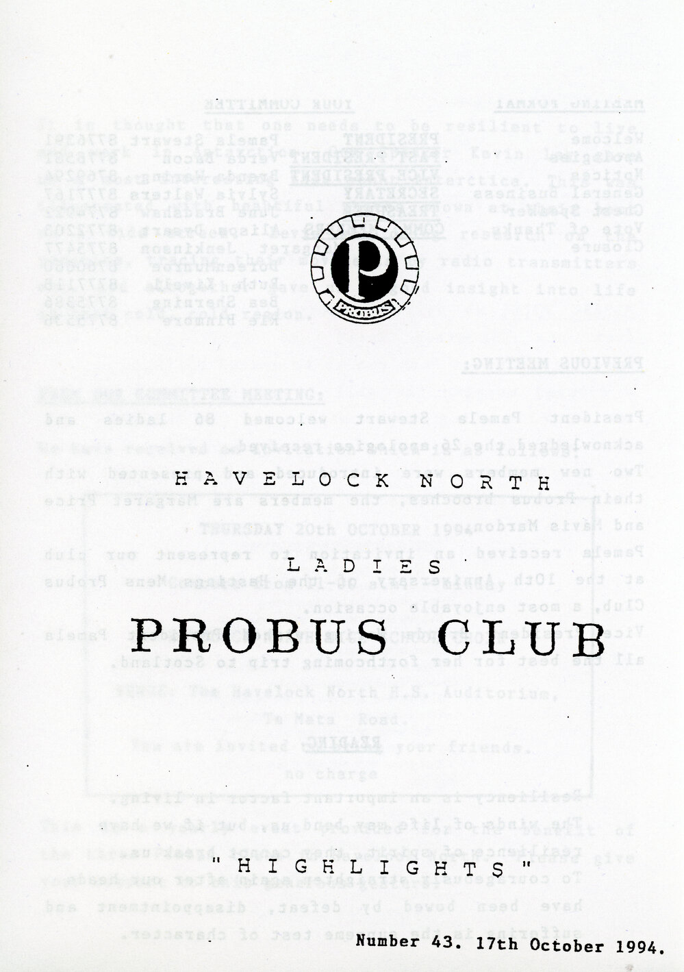 Ladies Probus Club of Havelock North "Highlights" Number 43. 17 October 1994
