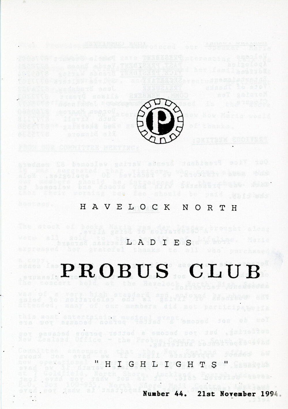 Ladies Probus Club of Havelock North "Highlights" Number 44. 21 November 1994