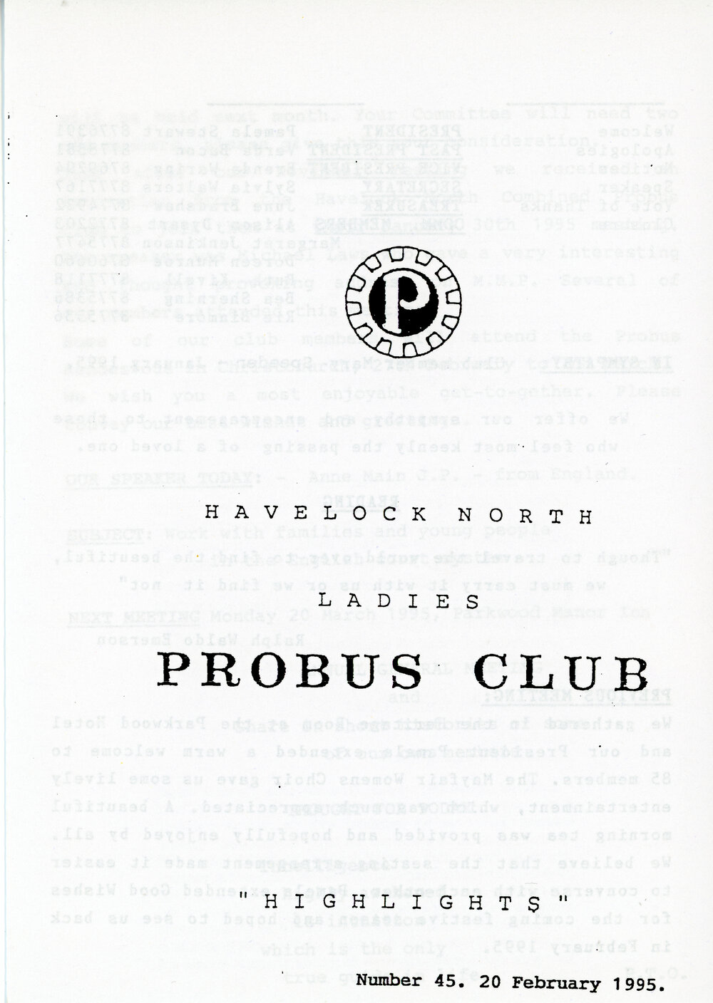 Ladies Probus Club of Havelock North "Highlights" Number 45. 20 February 1995