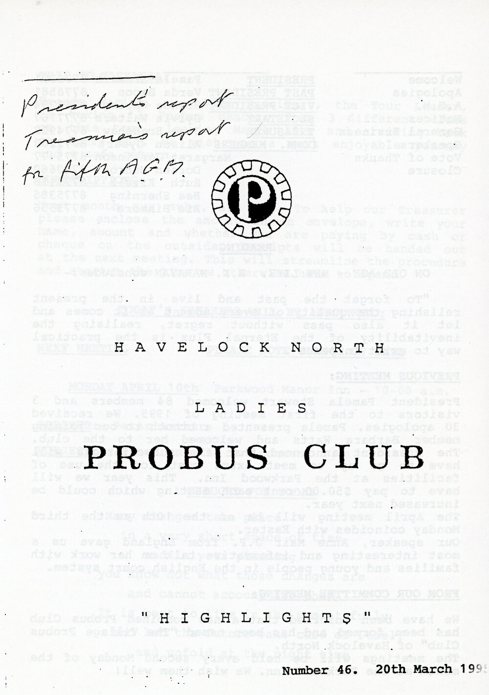 Ladies Probus Club of Havelock North "Highlights" Number 46. 20 March 1995