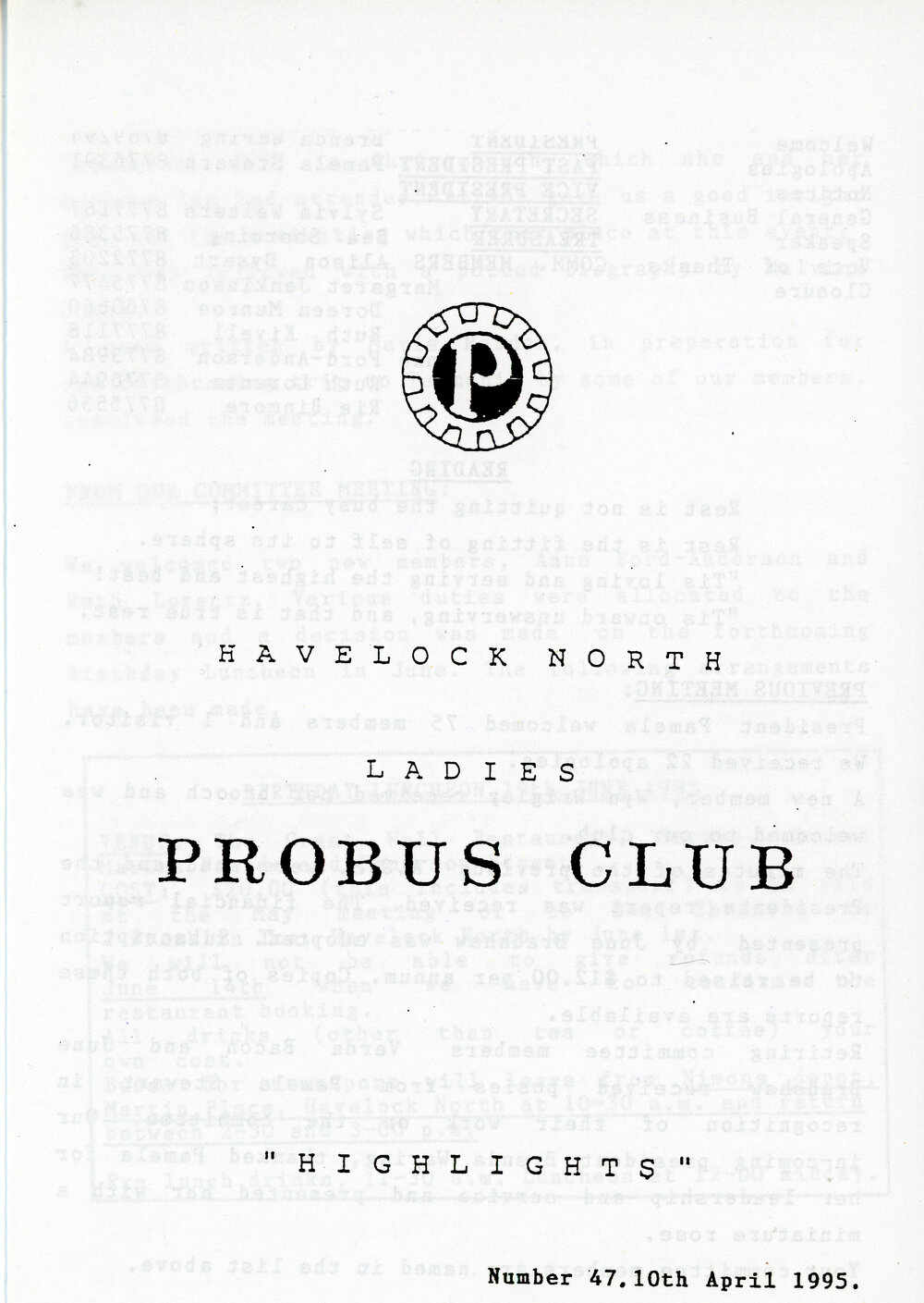 Ladies Probus Club of Havelock North "Highlights" Number 47. 10 April 1995