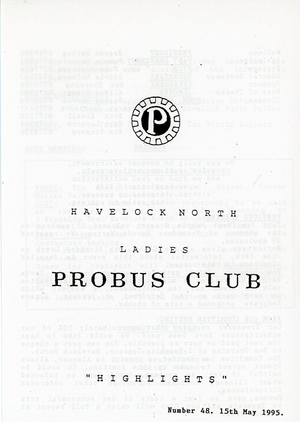 Ladies Probus Club of Havelock North "Highlights" Number 48. 15 May 1995