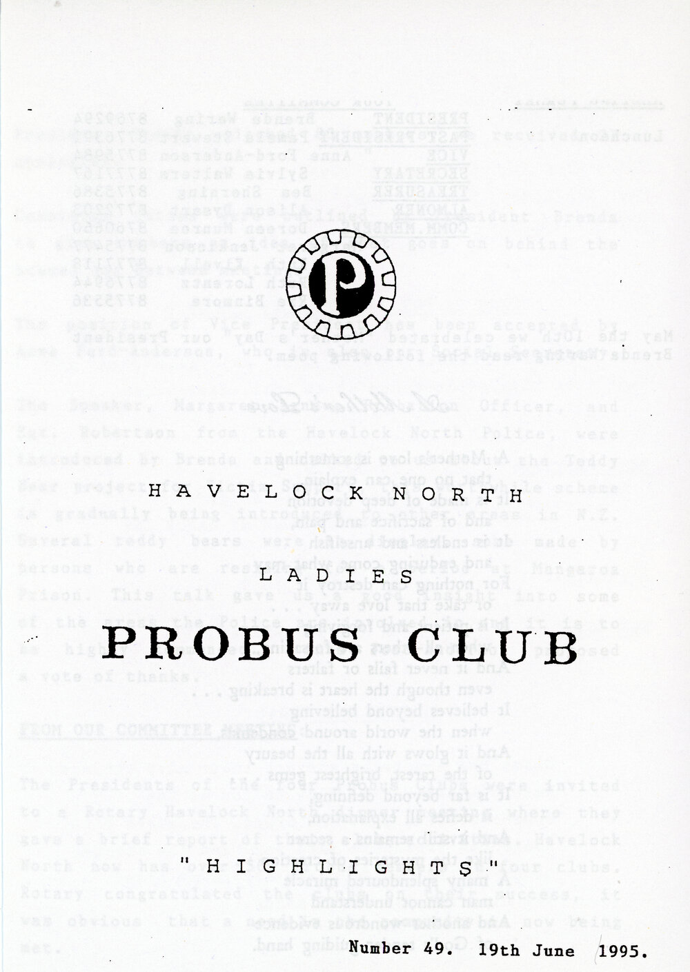 Ladies Probus Club of Havelock North "Highlights" Number 49. 19 June 1995