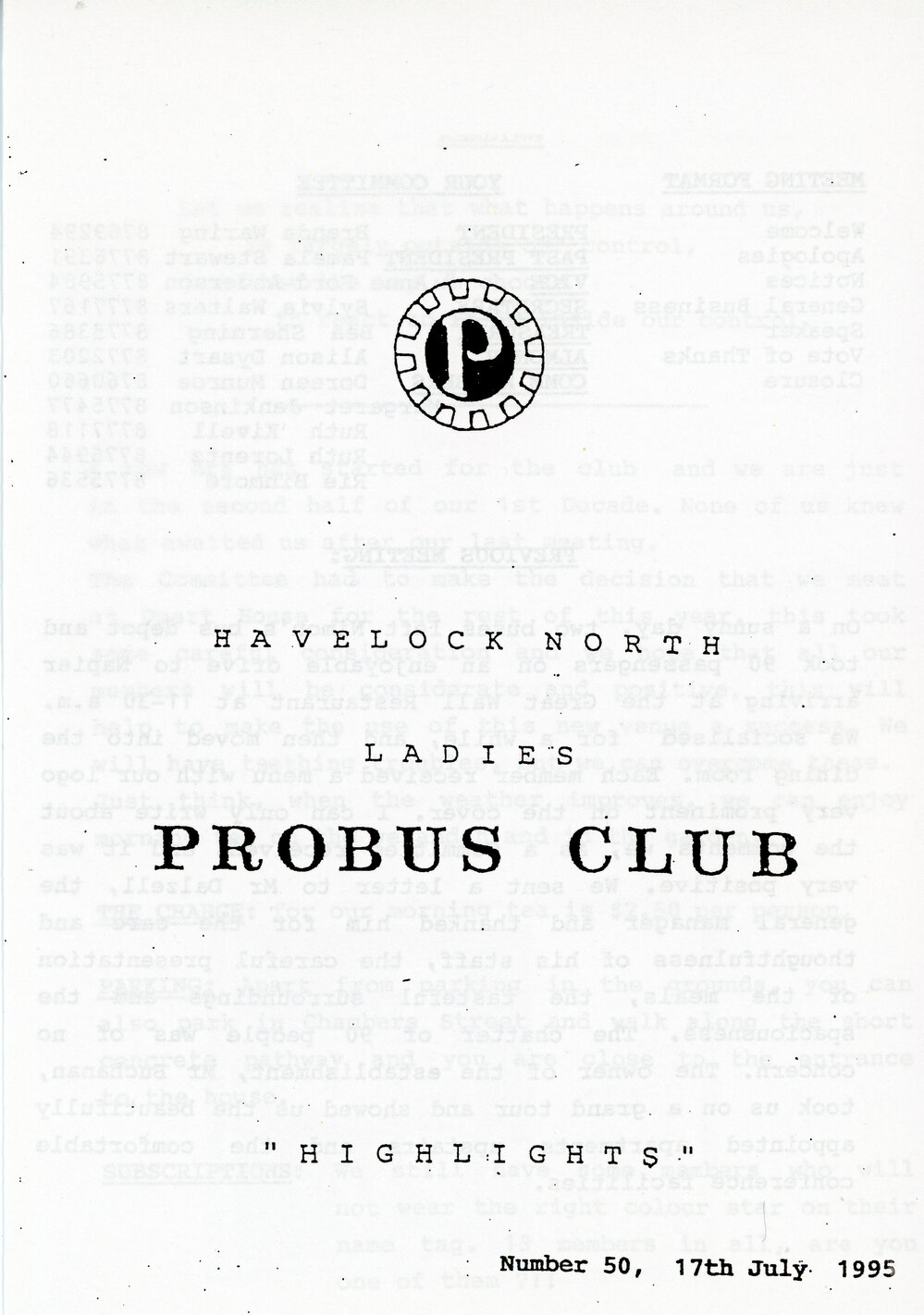 Ladies Probus Club of Havelock North "Highlights" Number 50. 17 July 1995