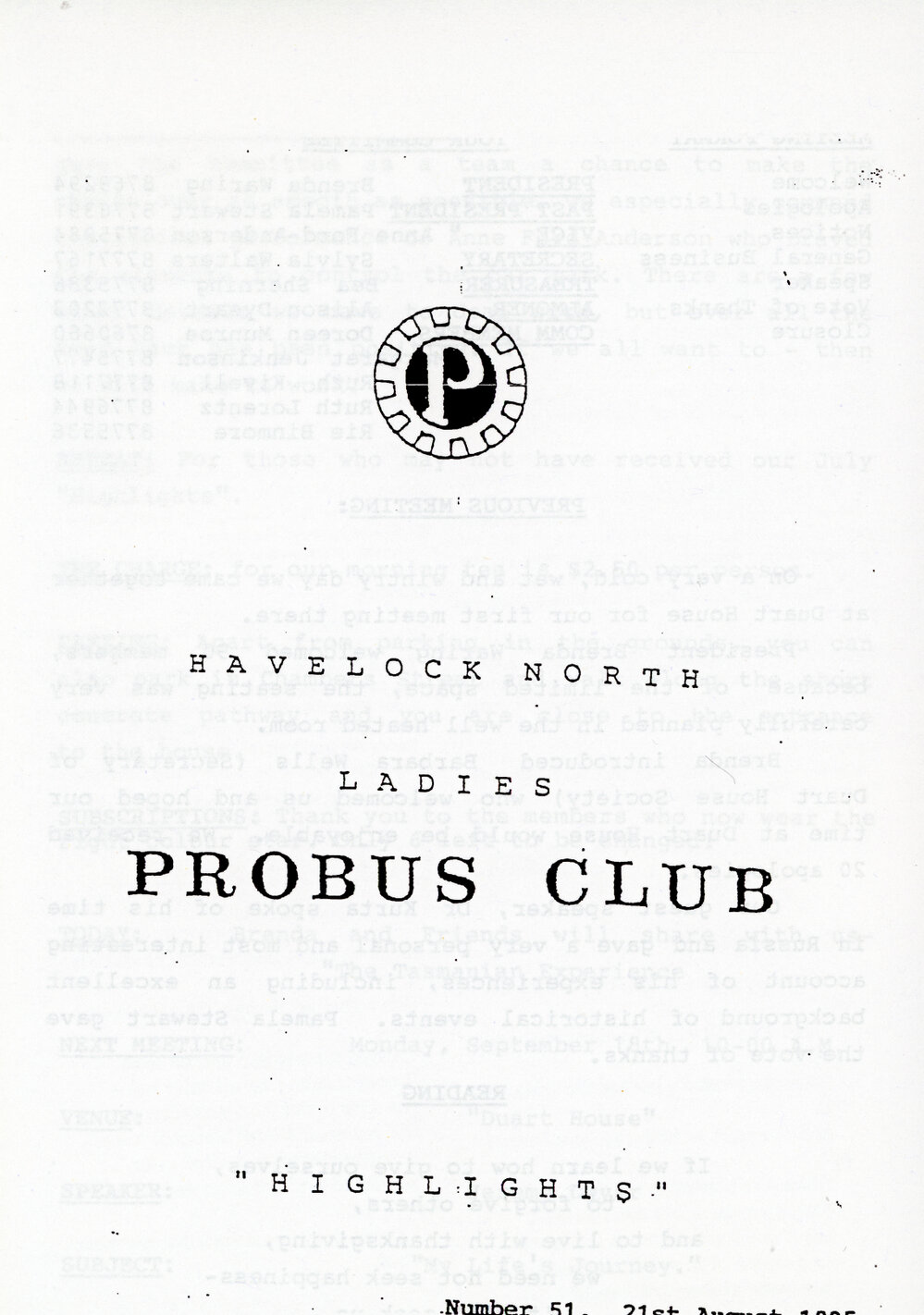 Ladies Probus Club of Havelock North "Highlights" Number 51. 21 August 1995