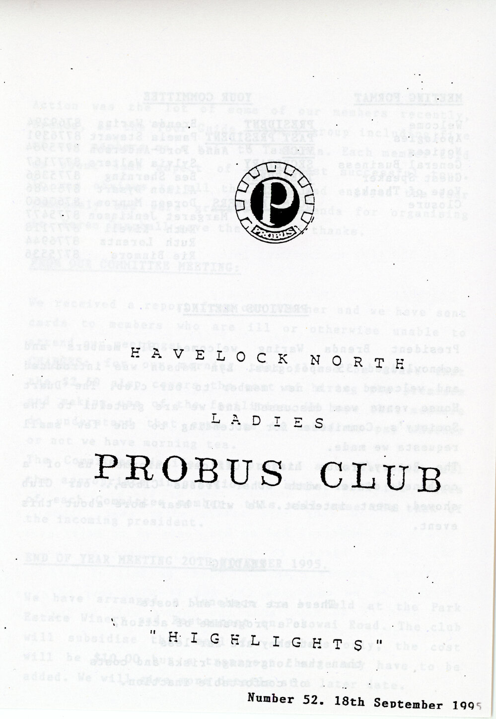 Ladies Probus Club of Havelock North "Highlights" Number 52. 19 September 1995
