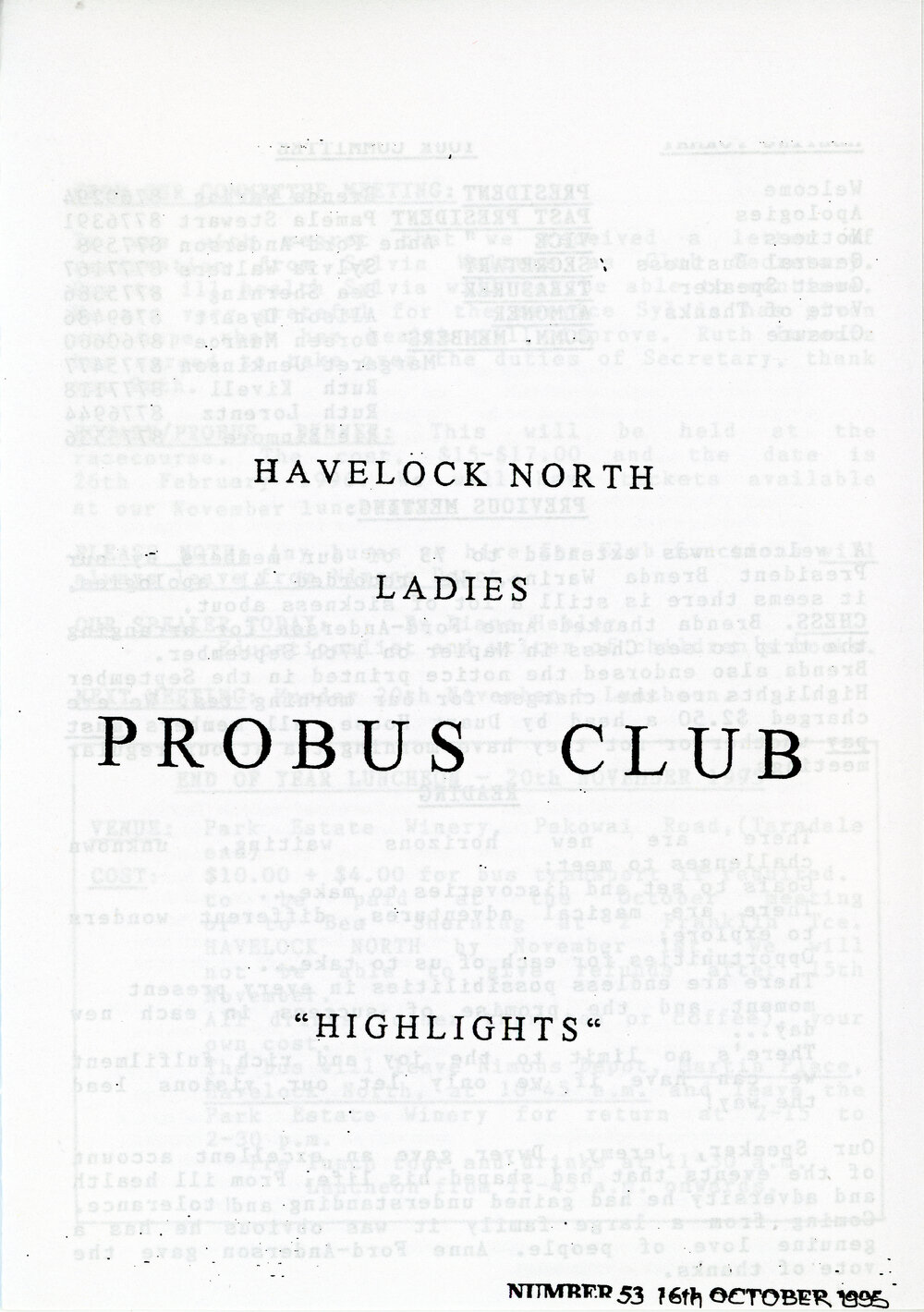 Ladies Probus Club of Havelock North "Highlights" Number 53. 16 October 1995