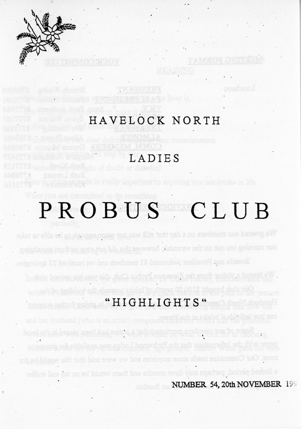 Ladies Probus Club of Havelock North "Highlights" Number 54. 20 November 1995