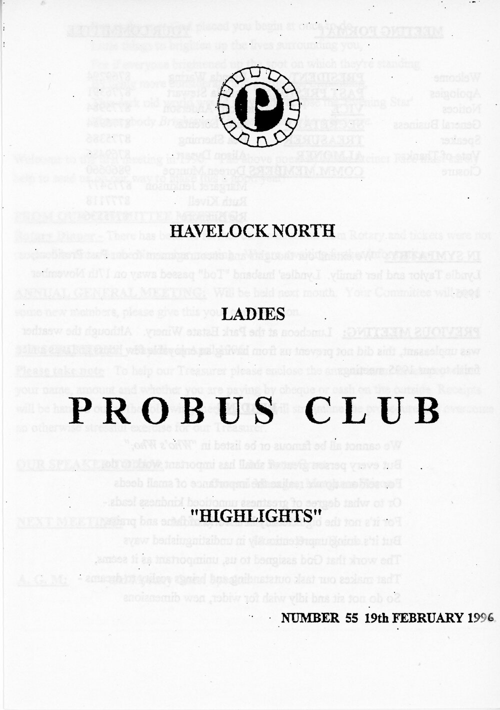 Ladies Probus Club of Havelock North "Highlights" Number 55. 19 February 1996