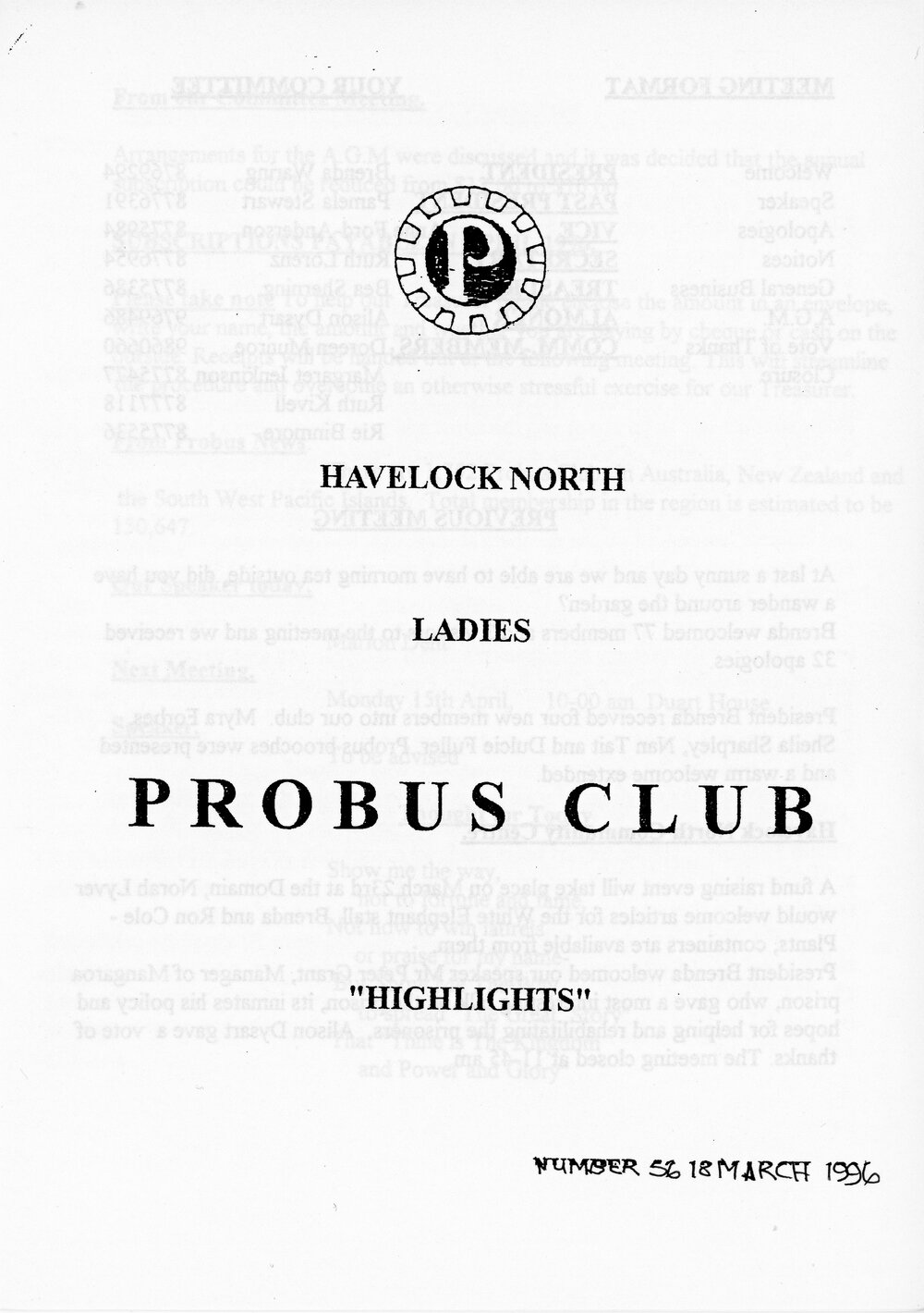 Ladies Probus Club of Havelock North "Highlights" Number  56. 18 March 1996