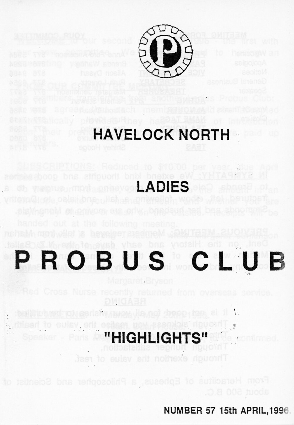 Ladies Probus Club of Havelock North "Highlights" Number 57. 15 April 1996