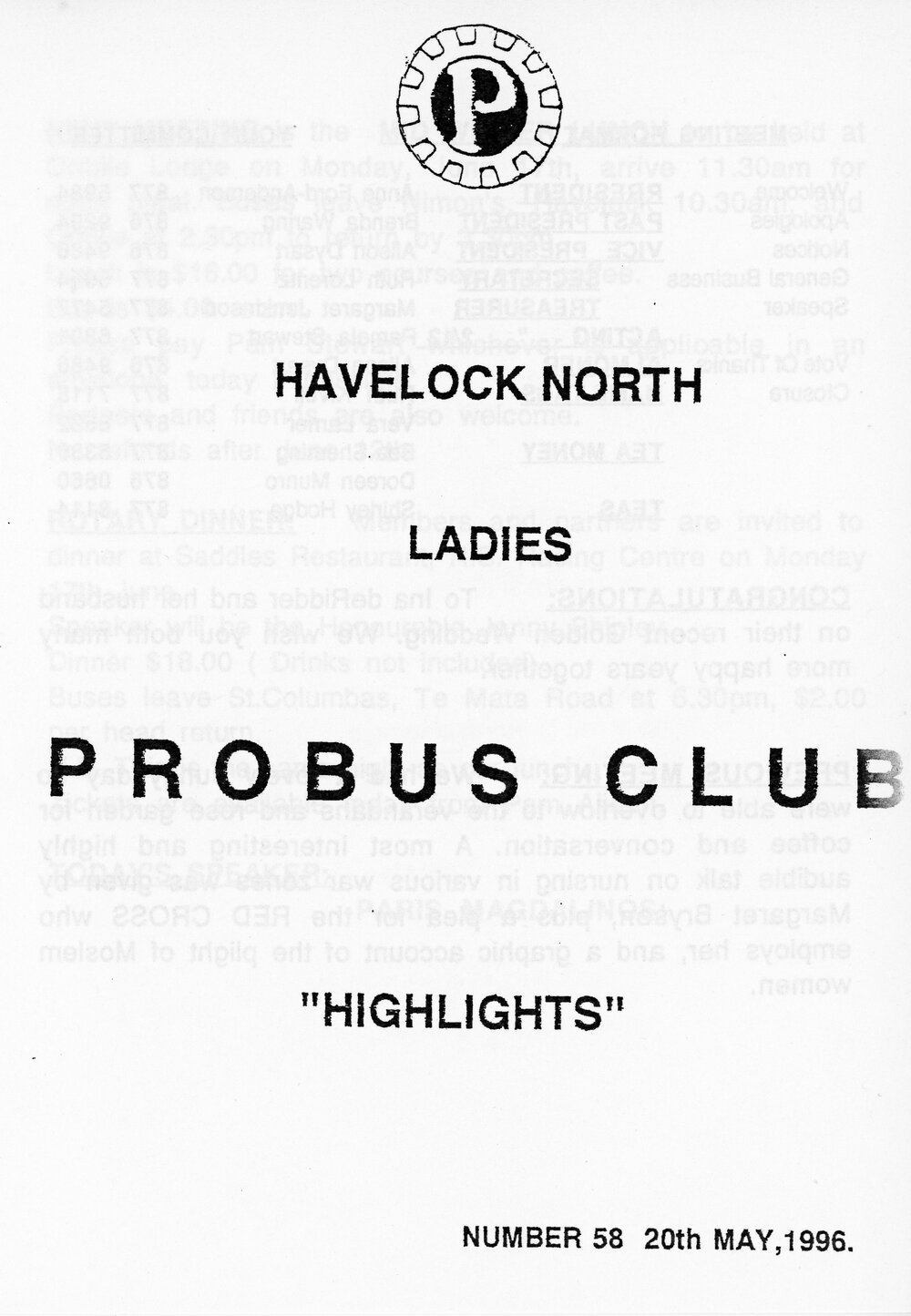 Ladies Probus Club of Havelock North "Highlights" Number 58. 20 May 1996