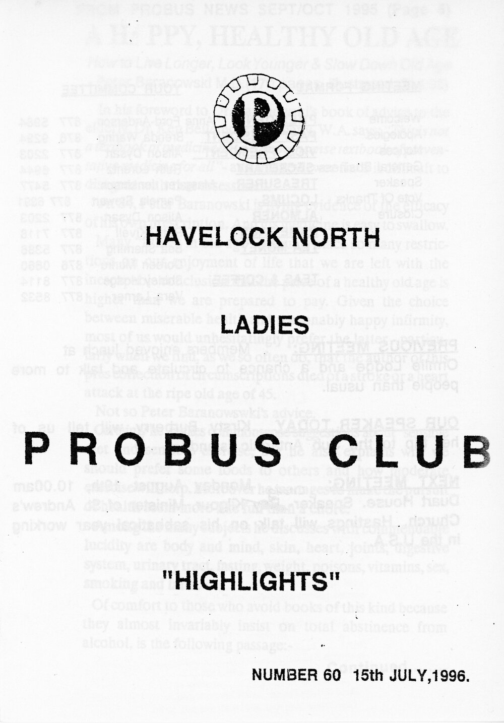 Ladies Probus Club of Havelock North "Highlights" Number 60. 15 July 1996