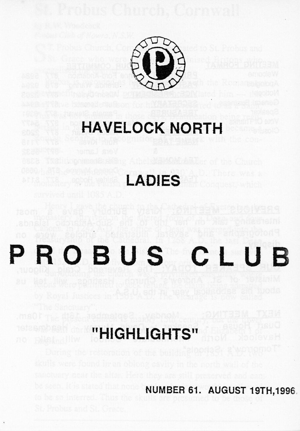 Ladies Probus Club of Havelock North "Highlights" Number 61. August 19 1996
