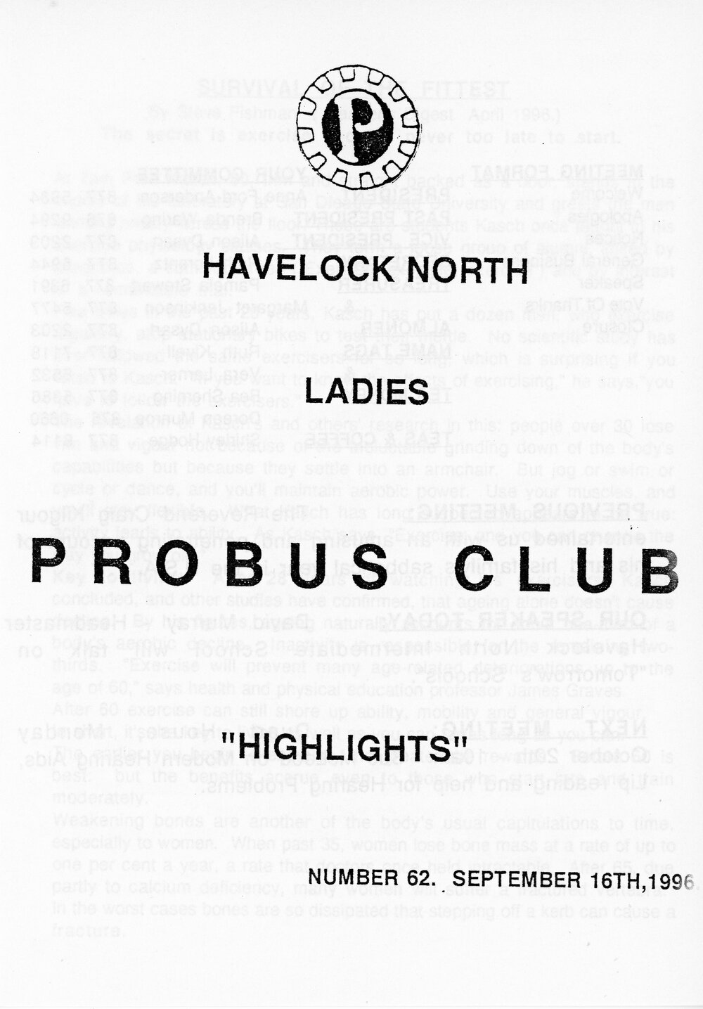 Ladies Probus Club of Havelock North "Highlights" Number 62. September 1996