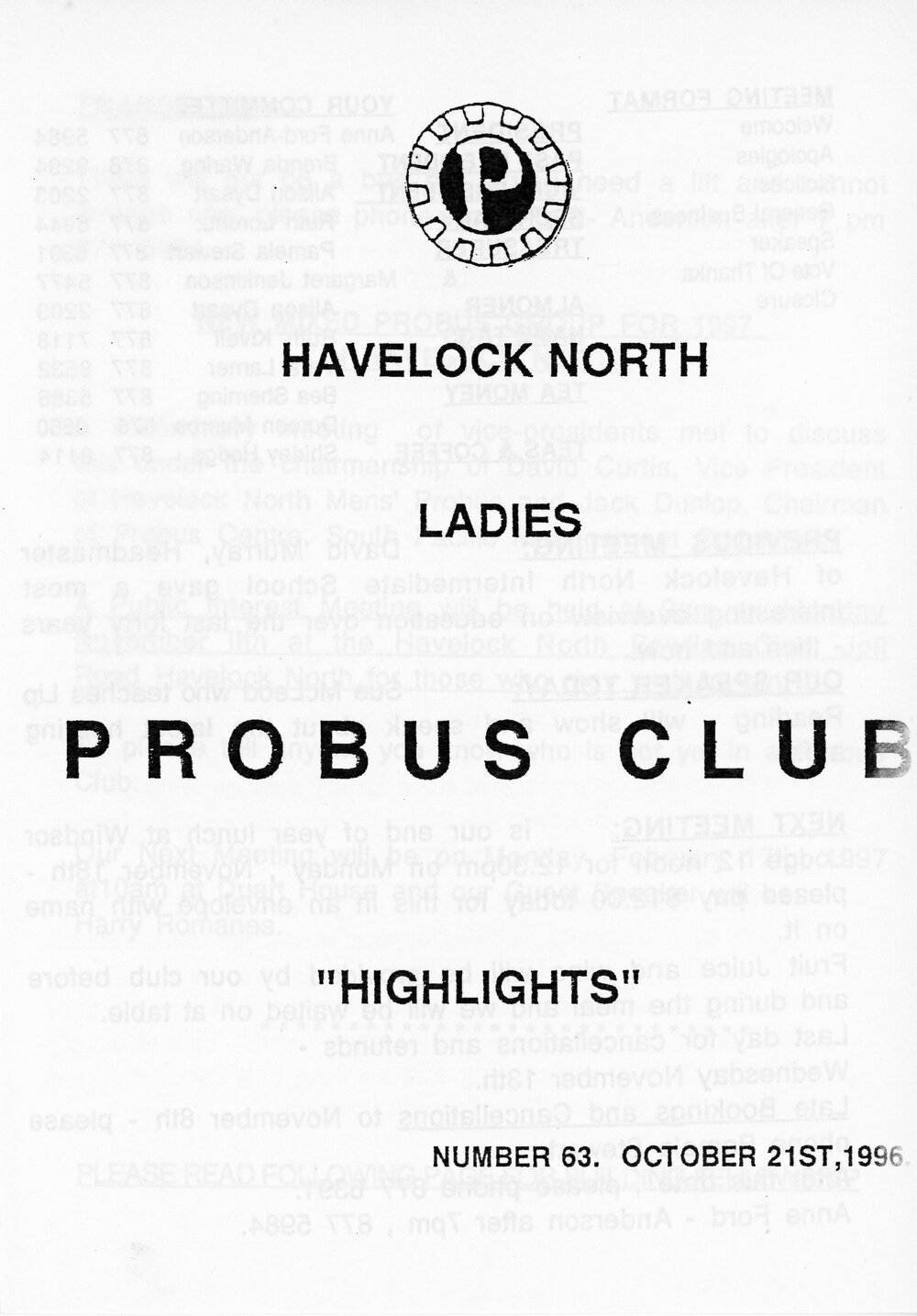 Ladies Probus Club of Havelock North "Highlights" Number 63. October 21 1996