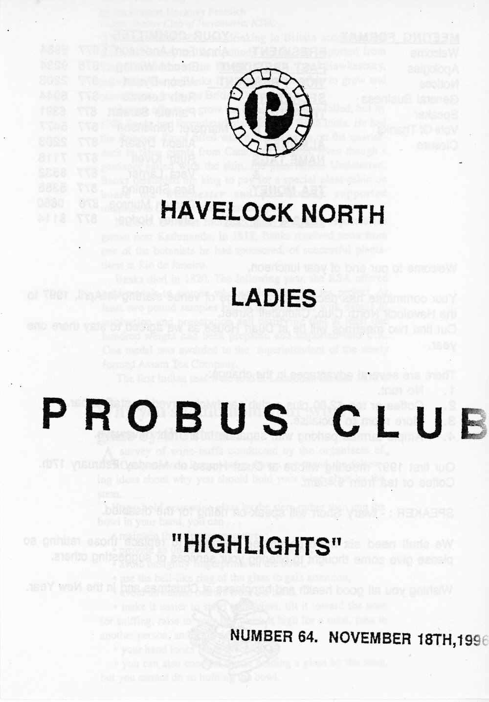 Ladies Probus Club of Havelock North "Highlights" Number 64. November 18 1996