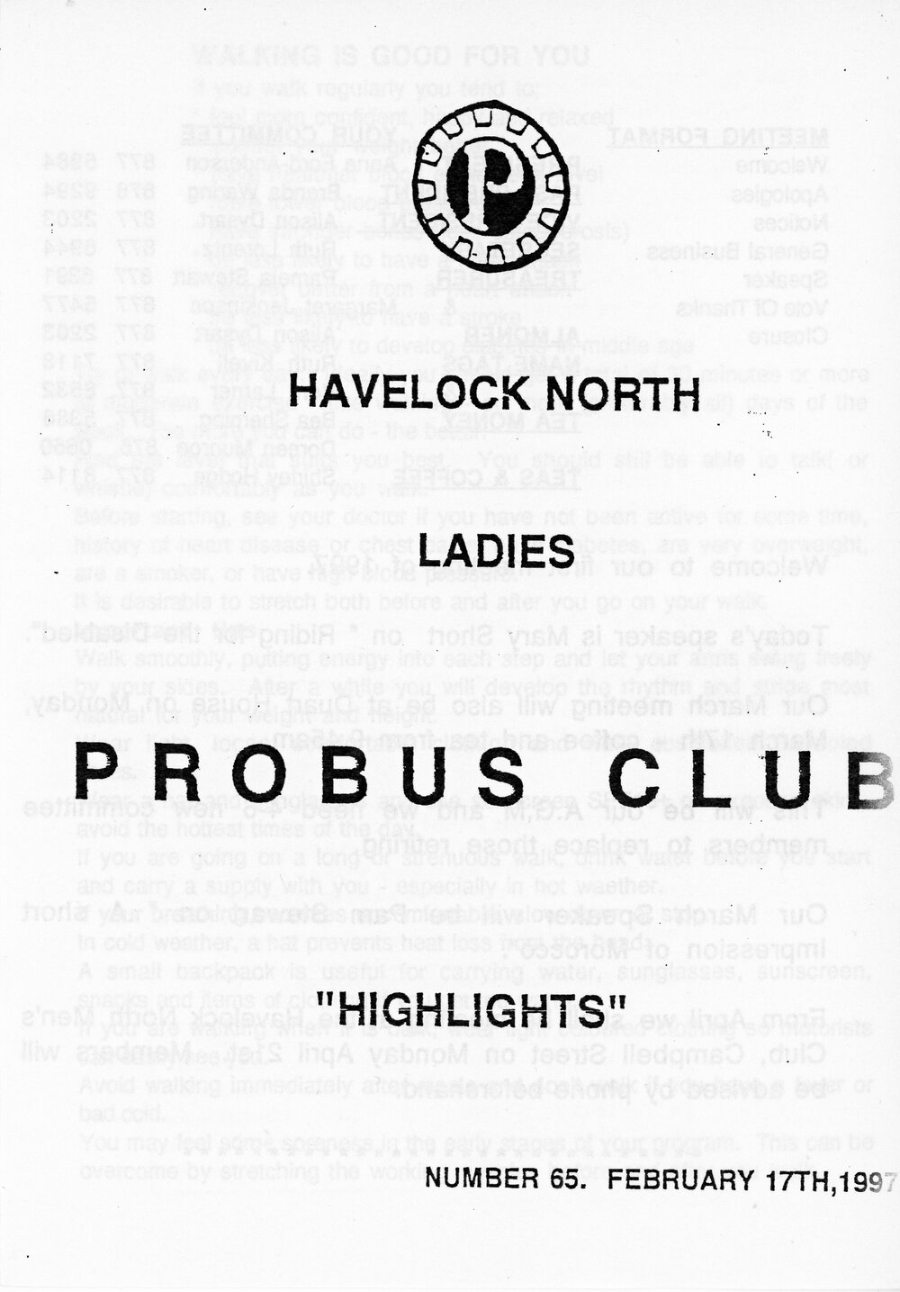 Ladies Probus Club of Havelock North "Highlights" Number 65. 17 February 1997