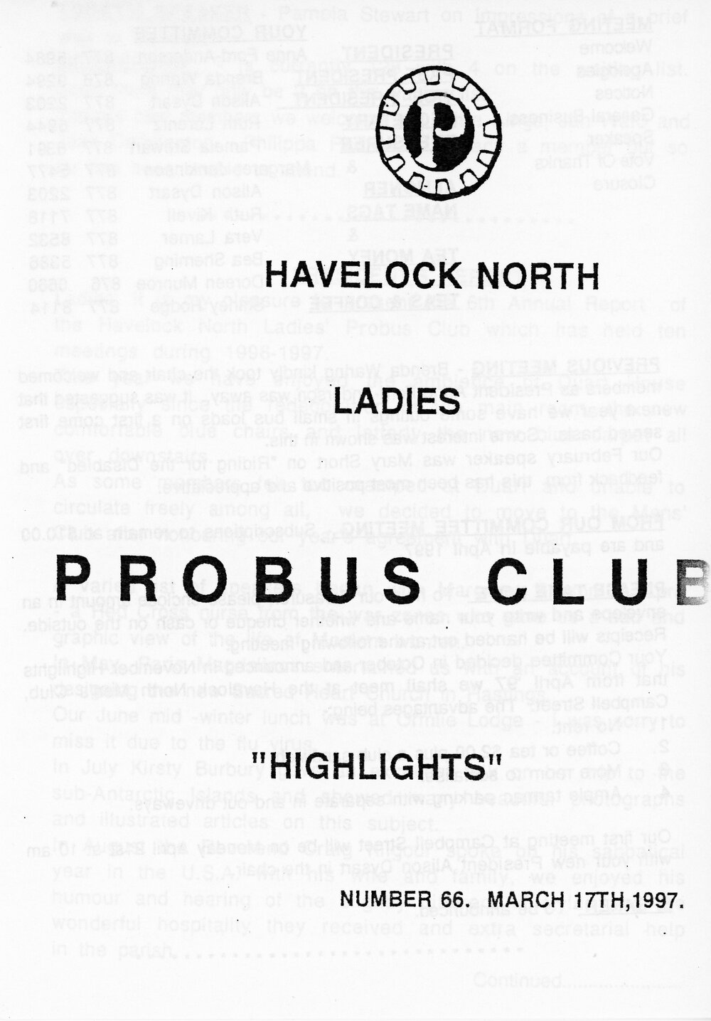 Ladies Probus Club of Havelock North "Highlights" Number 66. 17 March 1997