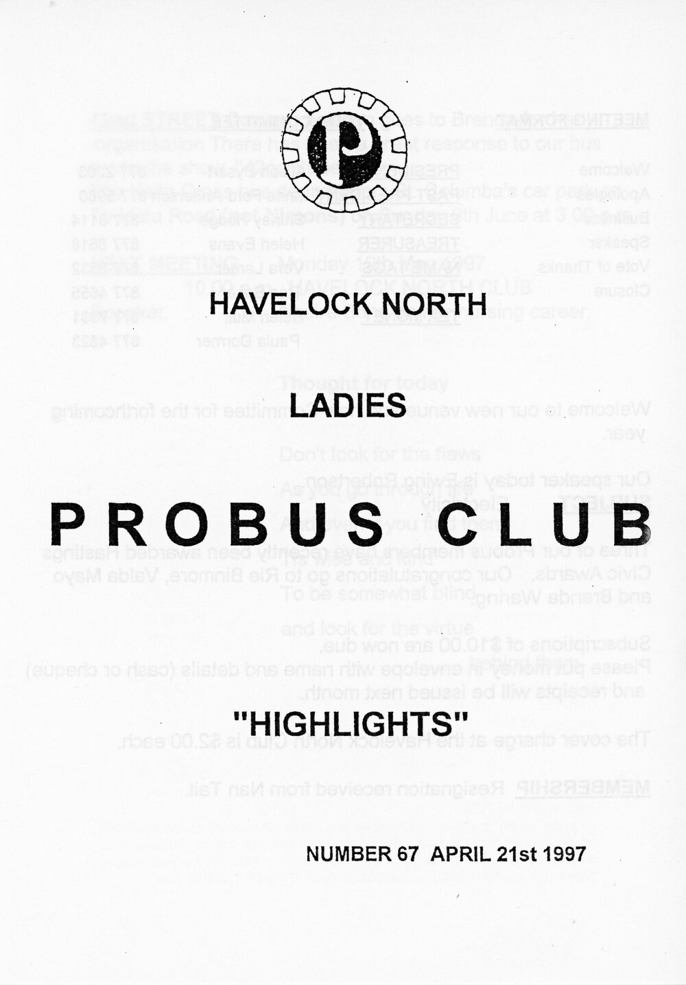 Ladies Probus Club of Havelock North "Highlights" Number 67. 21 April 1997