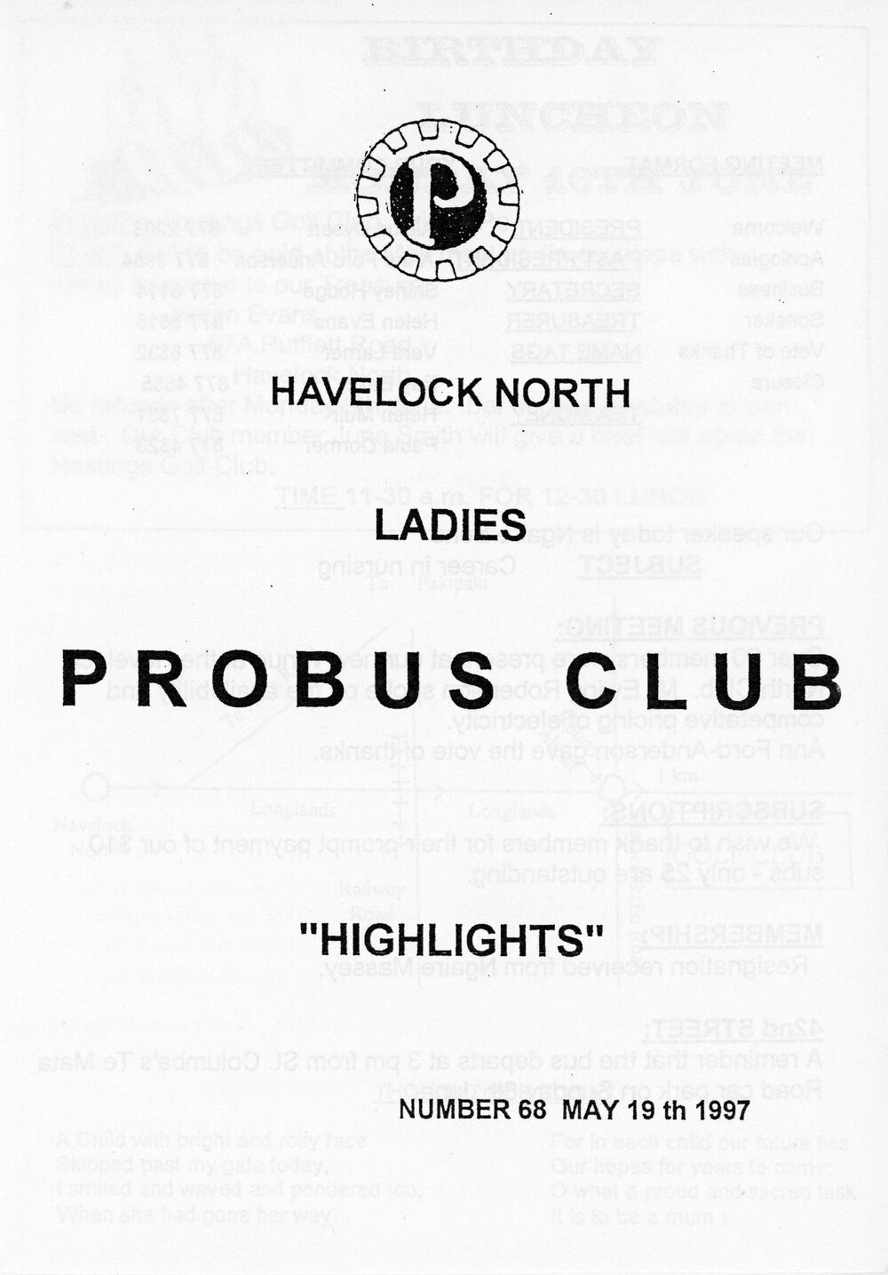 Ladies Probus Club of Havelock North "Highlights" Number 68. 19 May 1997