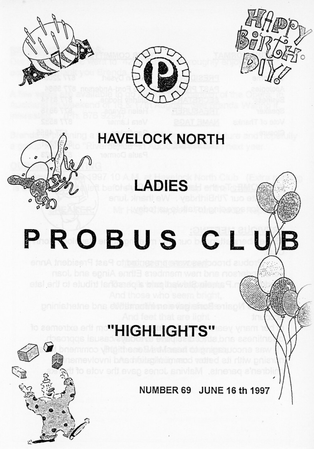 Ladies Probus Club of Havelock North "Highlights" Number 69. 16 June 1997
