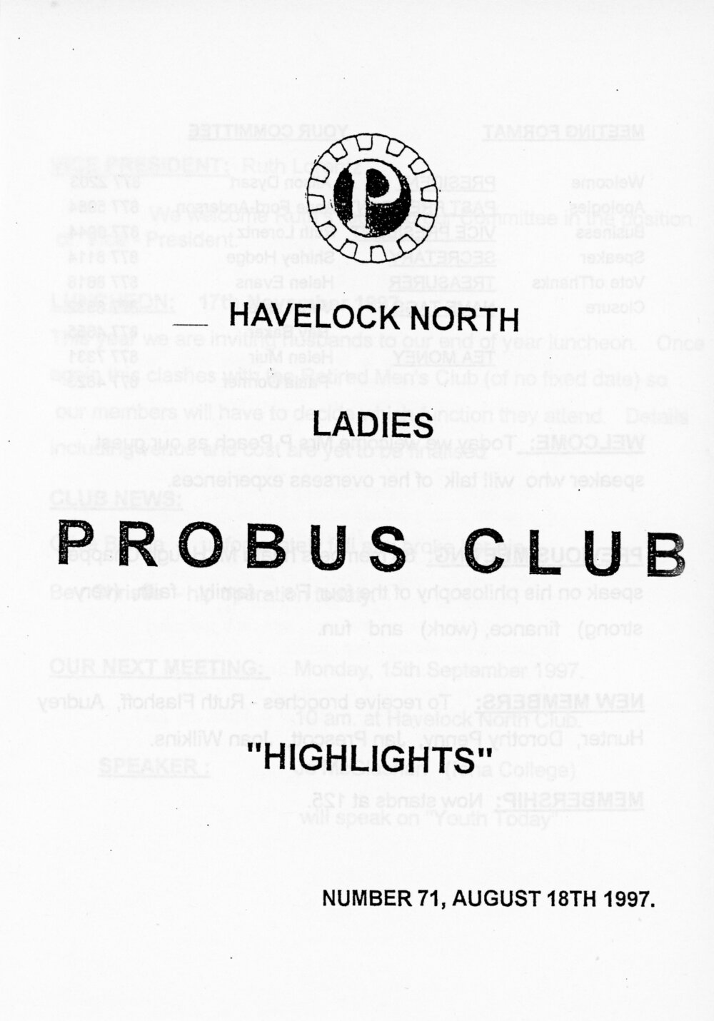 Ladies Probus Club of Havelock North "Highlights" Number 71. 18 August 1997