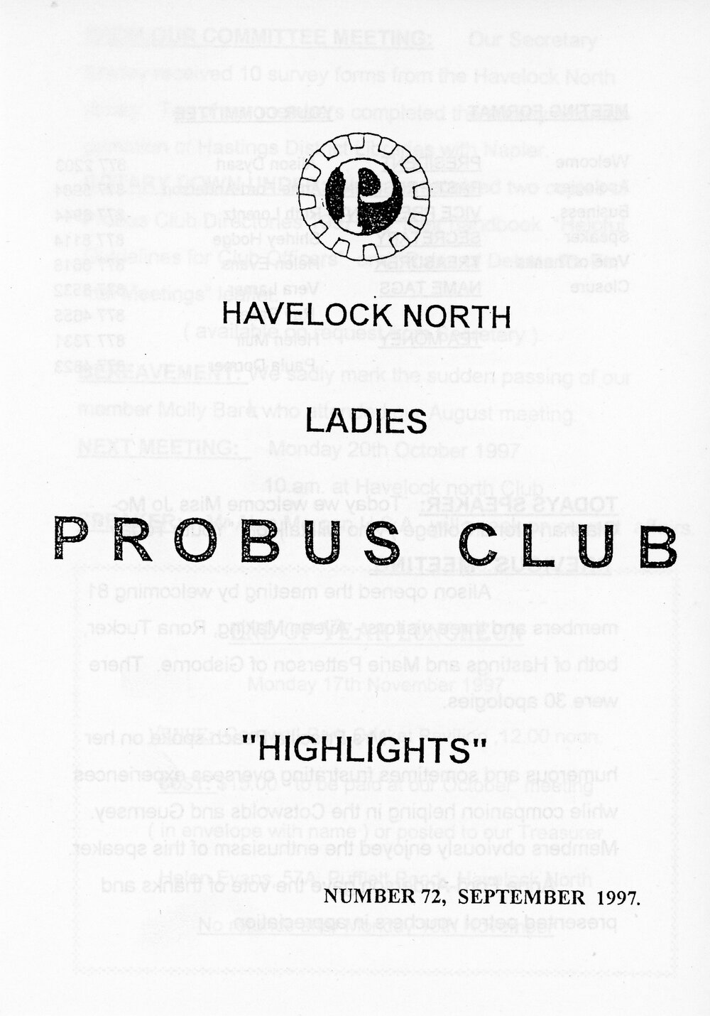 Ladies Probus Club of Havelock North "Highlights" Number 72. September 1997