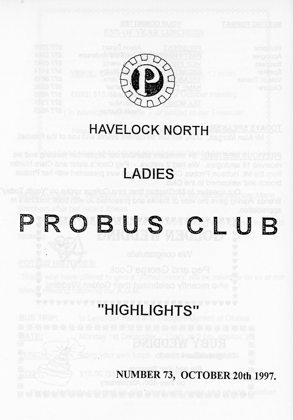 Ladies Probus Club of Havelock North "Highlights" Number 73. 20 October 1997