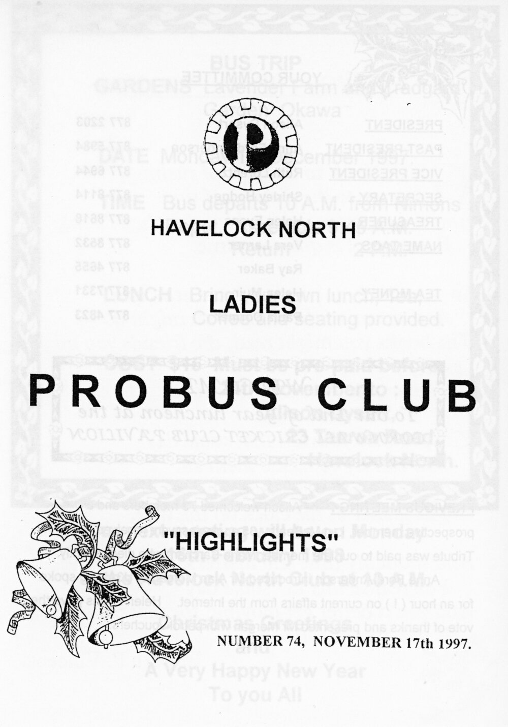 Ladies Probus Club of Havelock North "Highlights" Number 74. 17 November 1997