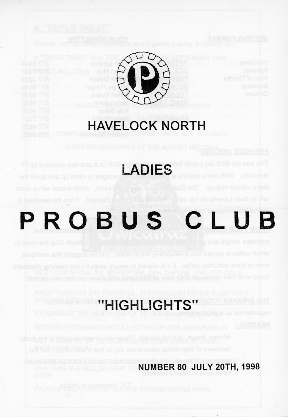 Ladies Probus Club of Havelock North "Highlights" Number 80. 20 July 1998